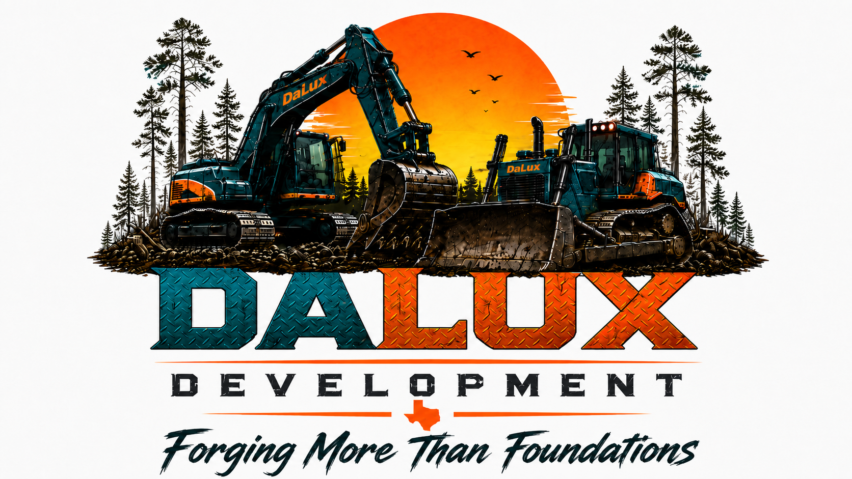 DaLux Development Group LLC logo with excavator, dozer, pine trees, and construction artwork