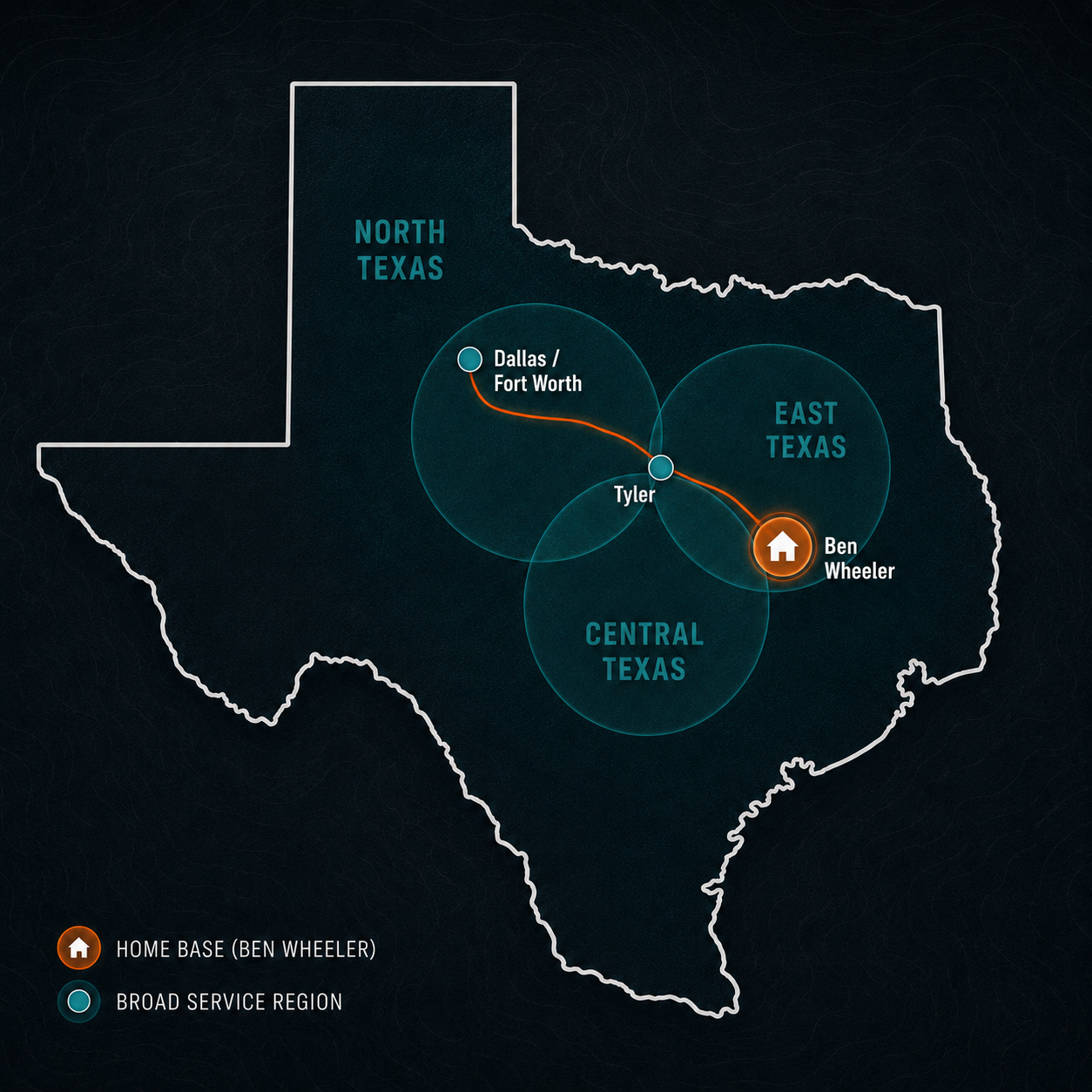 Texas service area map showing DaLux home base in Ben Wheeler with broad site development service regions across East Texas, North Texas, Central Texas, Dallas/Fort Worth, and Tyler